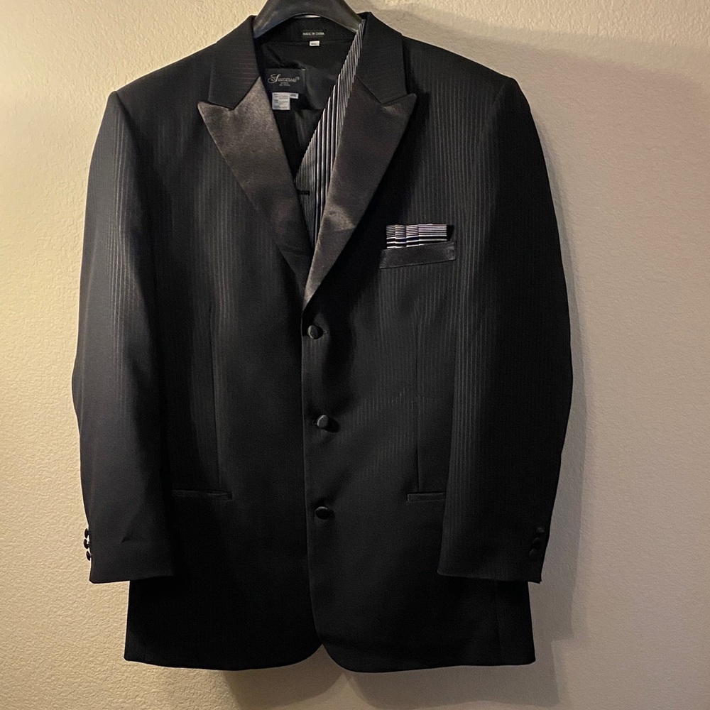 Mens Black Satin Peak Lapel Dress Tuxedo Suit Jacket, Vest, & Pants by Successor